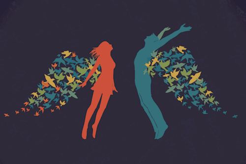 kuş kanatlarıyla uçan çift