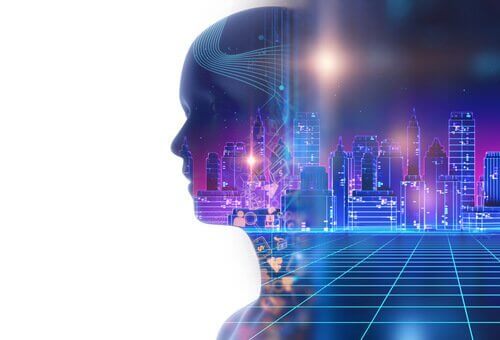 şehir çizimi içinden çıkan insan silüeti