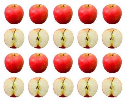 Tam ve yarım birtakım elmaların fotoğrafı.