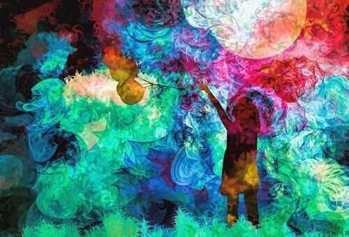 Elinde balonlar tutan bir kız çocuğunun renkli bir çizimi.