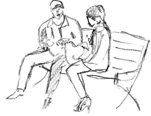 Bir bankta oturan çift çizimi