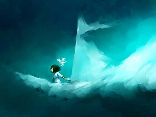 Bir sal şekli almış bulutların içerisinden yürüyen kız resmi.