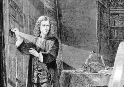 Isaac Newton'un ışık ile deneyler yaparken resmedildiği bir illüstrasyon.
