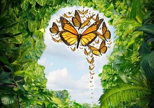 yapraklar arasındaki kafa silüeti ve kelebeklerle dolu bir beyin