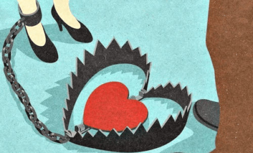 Aşk ile tuzağa düşürülmüş bir kadını temsil eden bir illüstrasyon.