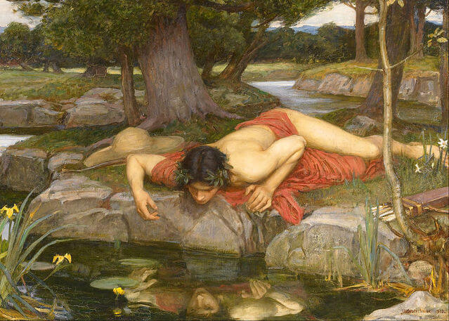Göldeki yansımasına aşık olan Narcissus ya da Narsist.