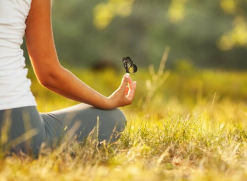 meditasyon yapan bir kadın ve kelebek