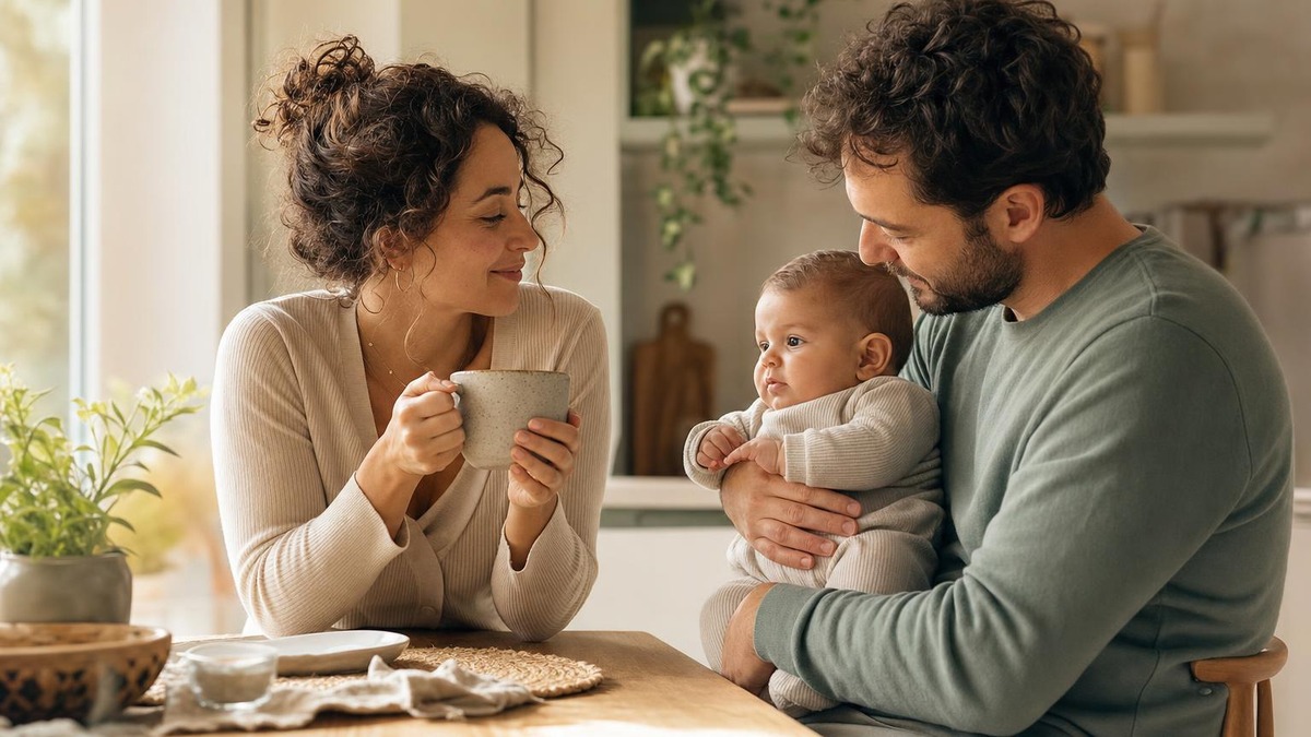 Mutfakta mola veren anneye bebeği kucağında tutan eşinin destek olması